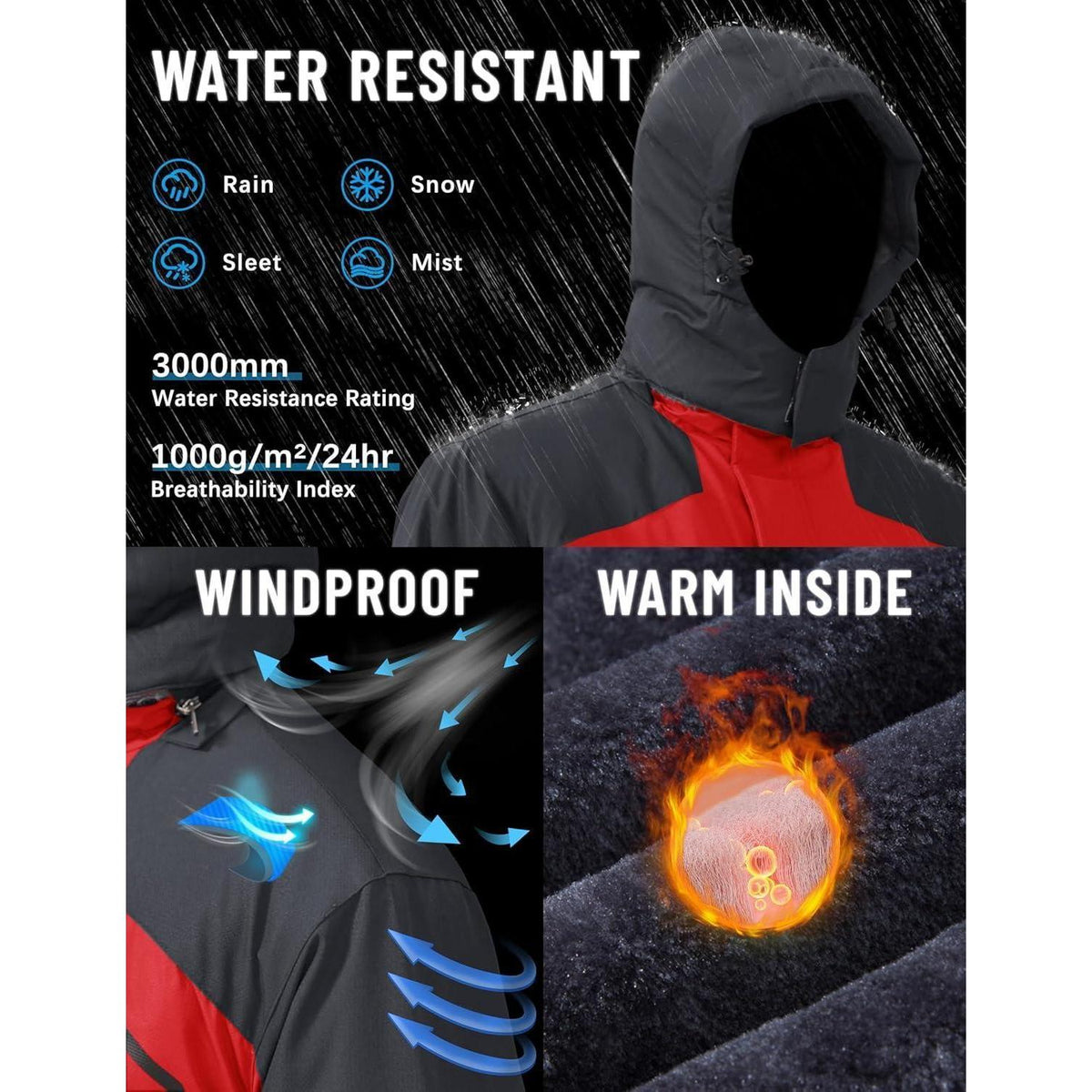 Herren Winterjacke wasserdicht warm mit Kapuze Rot XL