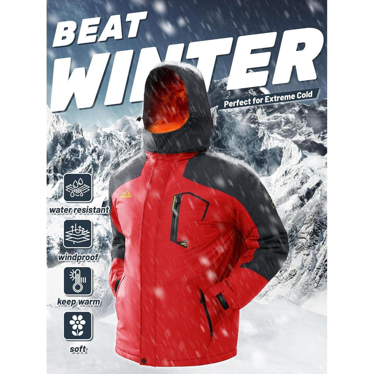 Herren Winterjacke wasserdicht warm mit Kapuze L Rot