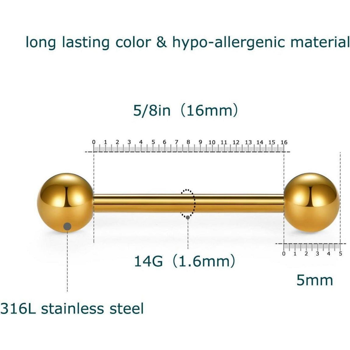 Zungenpiercing Set 5 Stück 16mm Barbell Chirurgenstahl Kunststoff Gold