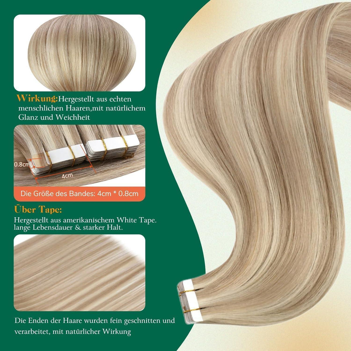 Blond Tape-in Echthaar Extension Aschblond & Hellblond 50cm