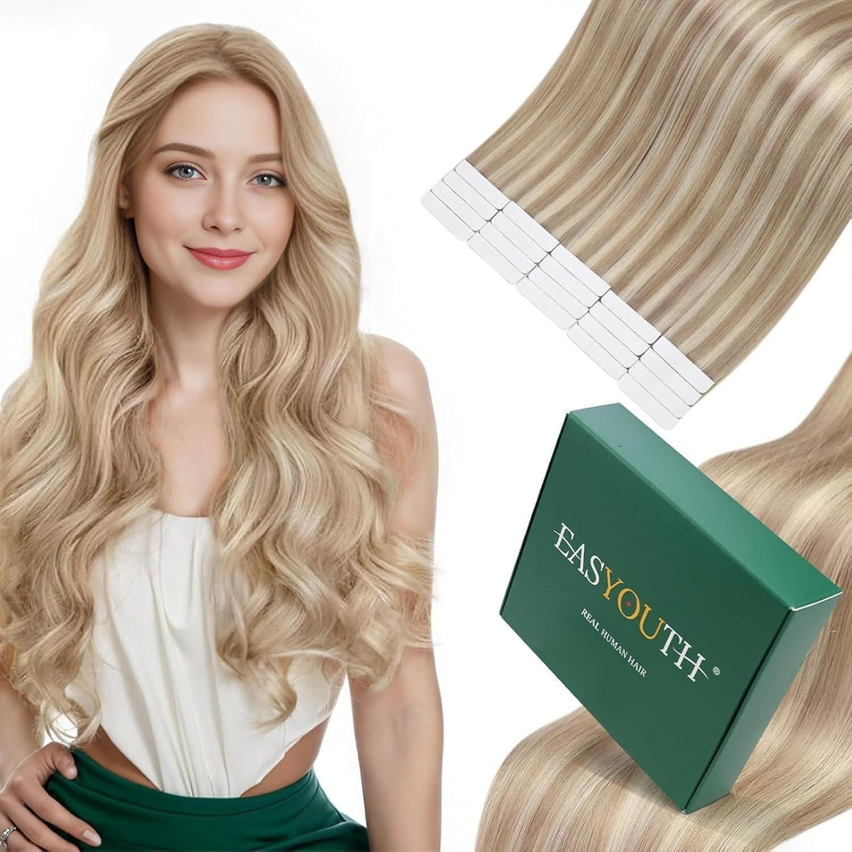 Blond Tape-in Haarverlängerung Echthaar 35cm Aschblond/Hellblond