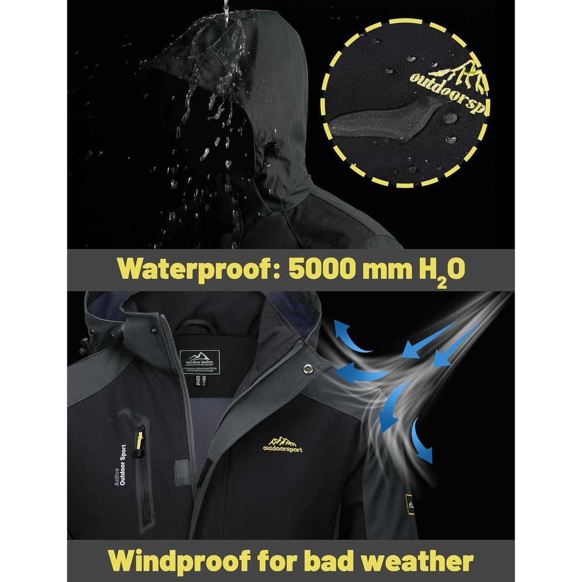 Herren Übergangsjacke wasserabweisend mit abnehmbarer Kapuze Schwarz XL