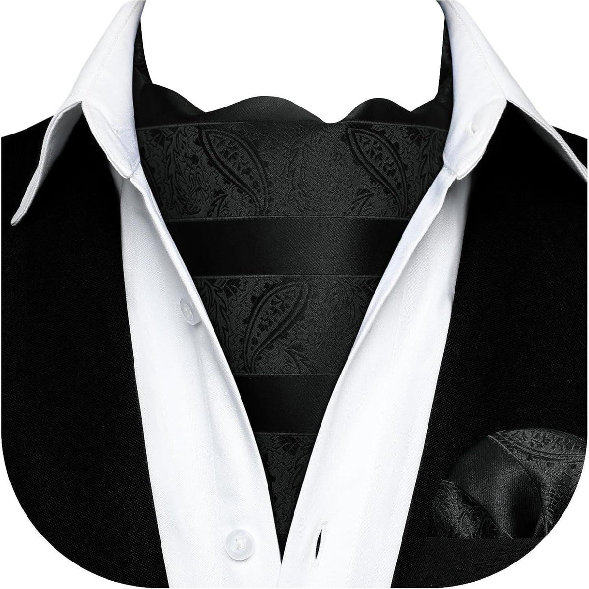 Herren Ascot Krawattenschal Set Paisley Blumen Einstecktuch Schwarz