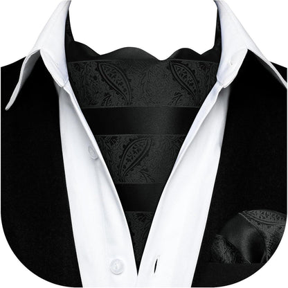 Herren Ascot Krawattenschal Set Paisley Blumen Einstecktuch Schwarz