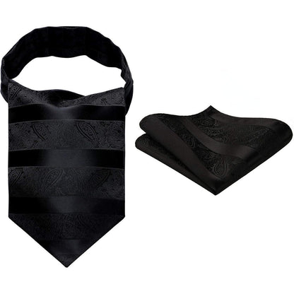 Herren Ascot Krawattenschal Set Paisley Blumen Einstecktuch Schwarz