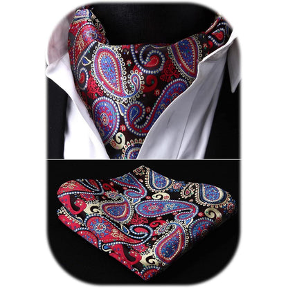 Herren Ascot Krawattenschal Set Paisley Jacquard Rot/Blau/Gelb