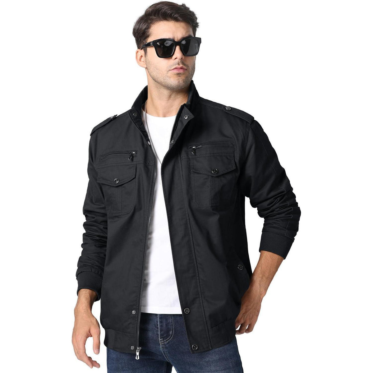 Herren Übergangsjacke Cargo Militärjacke Winddicht Vieltaschen Schwarz