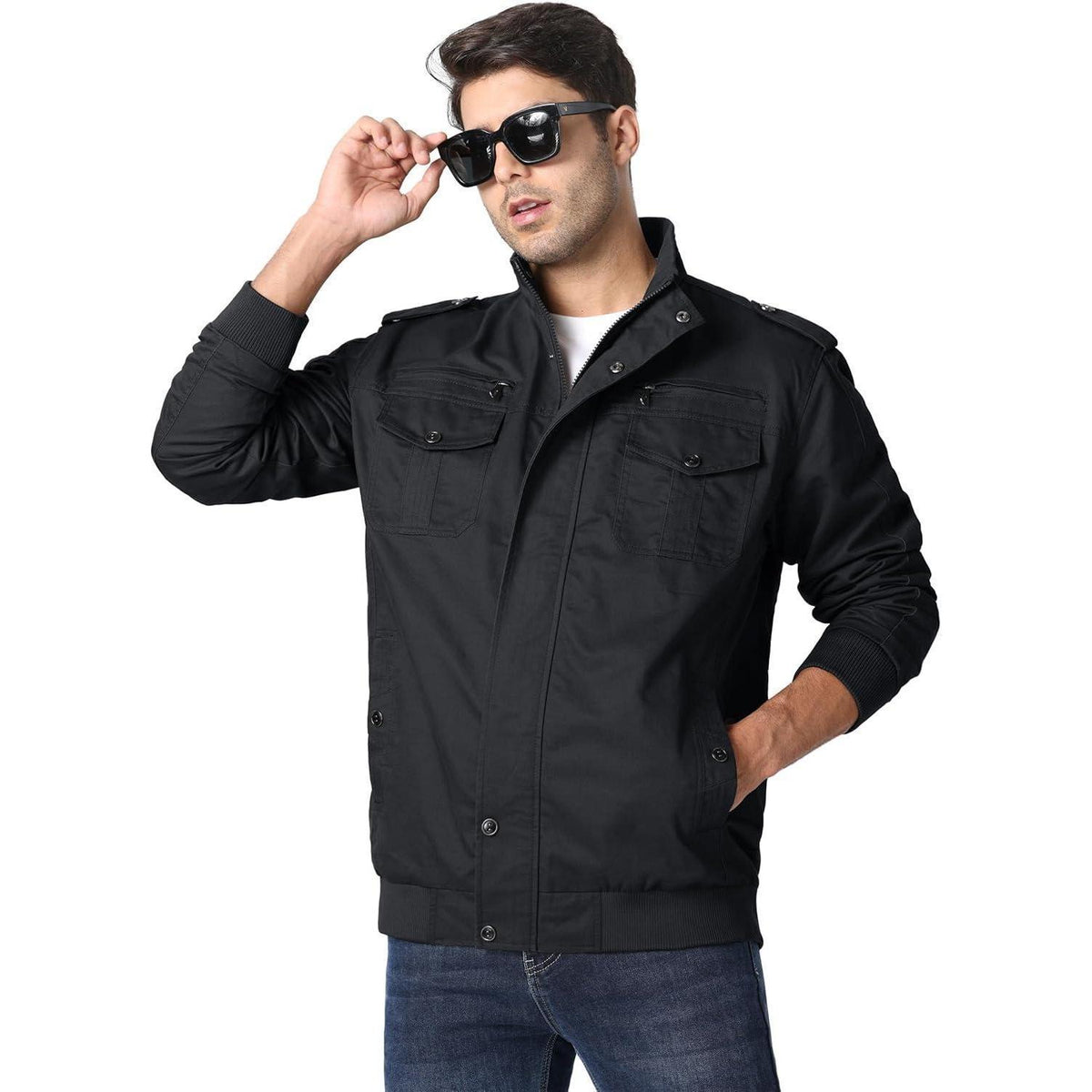Herren Übergangsjacke Cargo Militärjacke Winddicht Vieltaschen Schwarz