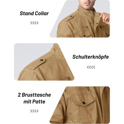 Herren Übergangsjacke Cargo Militärjacke Winddicht Viele Taschen Khaki