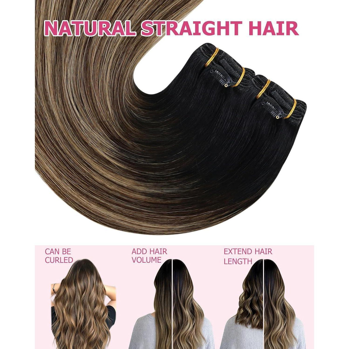Clip-in Echthaar Extensions Schwarz Balayage Braun Blond