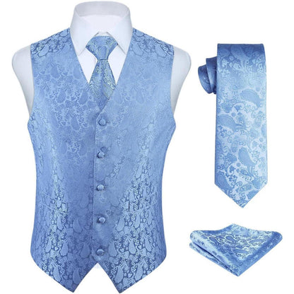 Herren Anzugweste mit Krawatte und Einstecktuch Paisley Blau XXL