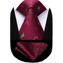 Herren Krawatte & Einstecktuch Set Weihnachtsmuster Burgund/Grün
