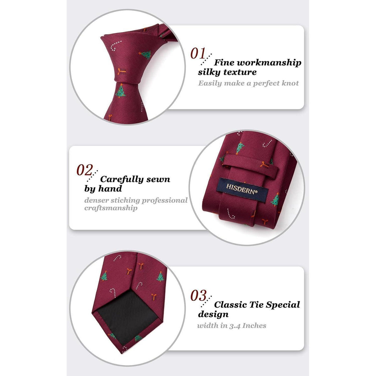 Herren Krawatte & Einstecktuch Set Weihnachtsmuster Burgund/Grün