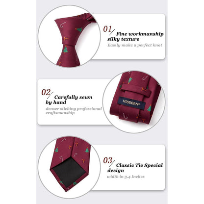 Herren Krawatte & Einstecktuch Set Weihnachtsmuster Burgund/Grün
