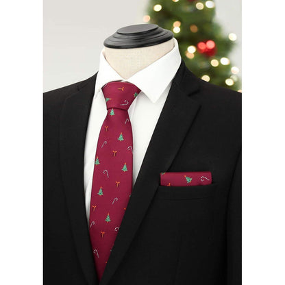 Herren Krawatte & Einstecktuch Set Weihnachtsmuster Burgund/Grün