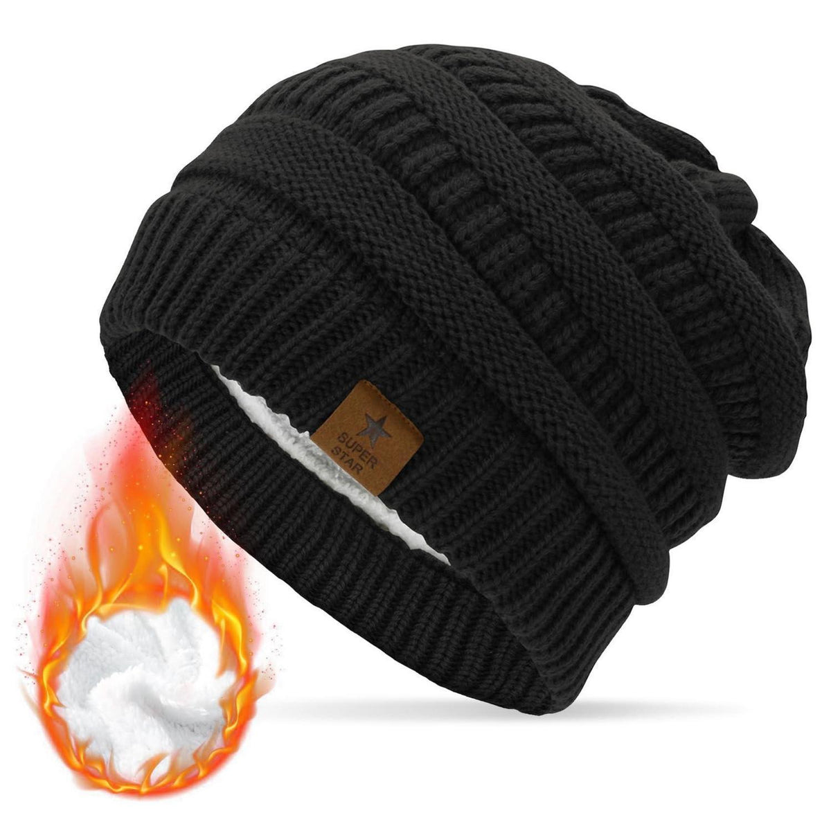 Grobstrick Mütze Damen Winter Beanie mit Fleece-Futter Schwarz