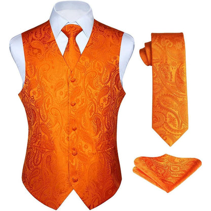 Herren Anzugweste Set Paisley Krawatte Einstecktuch Orange M