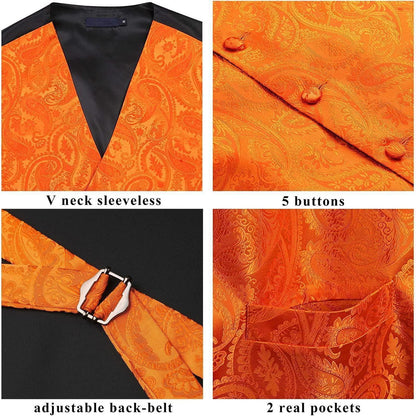 Herren Anzugweste Set Paisley Krawatte Einstecktuch Orange M
