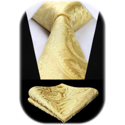 Herren Krawatten Set mit Einstecktuch Paisley Jacquard Gold