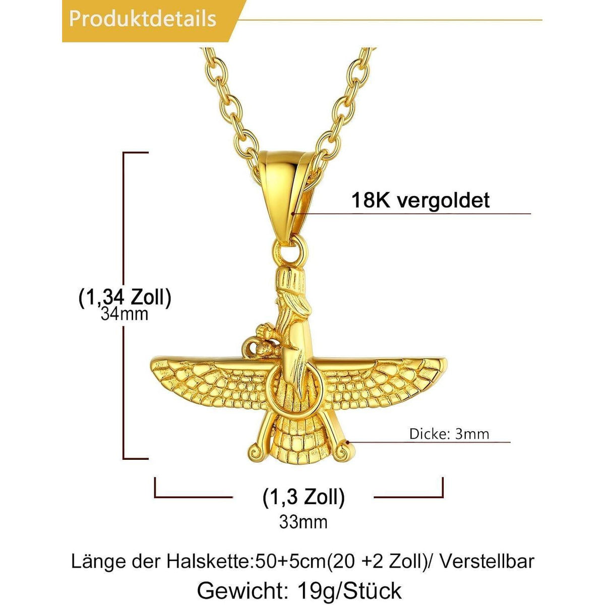 Herren Damen Halskette Faravahar Anhänger Edelstahl Gold vergoldet