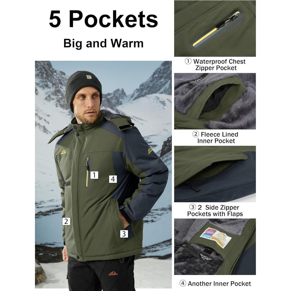 Herren Winterjacke warm gefüttert abnehmbare Kapuze Armeegrün XXL