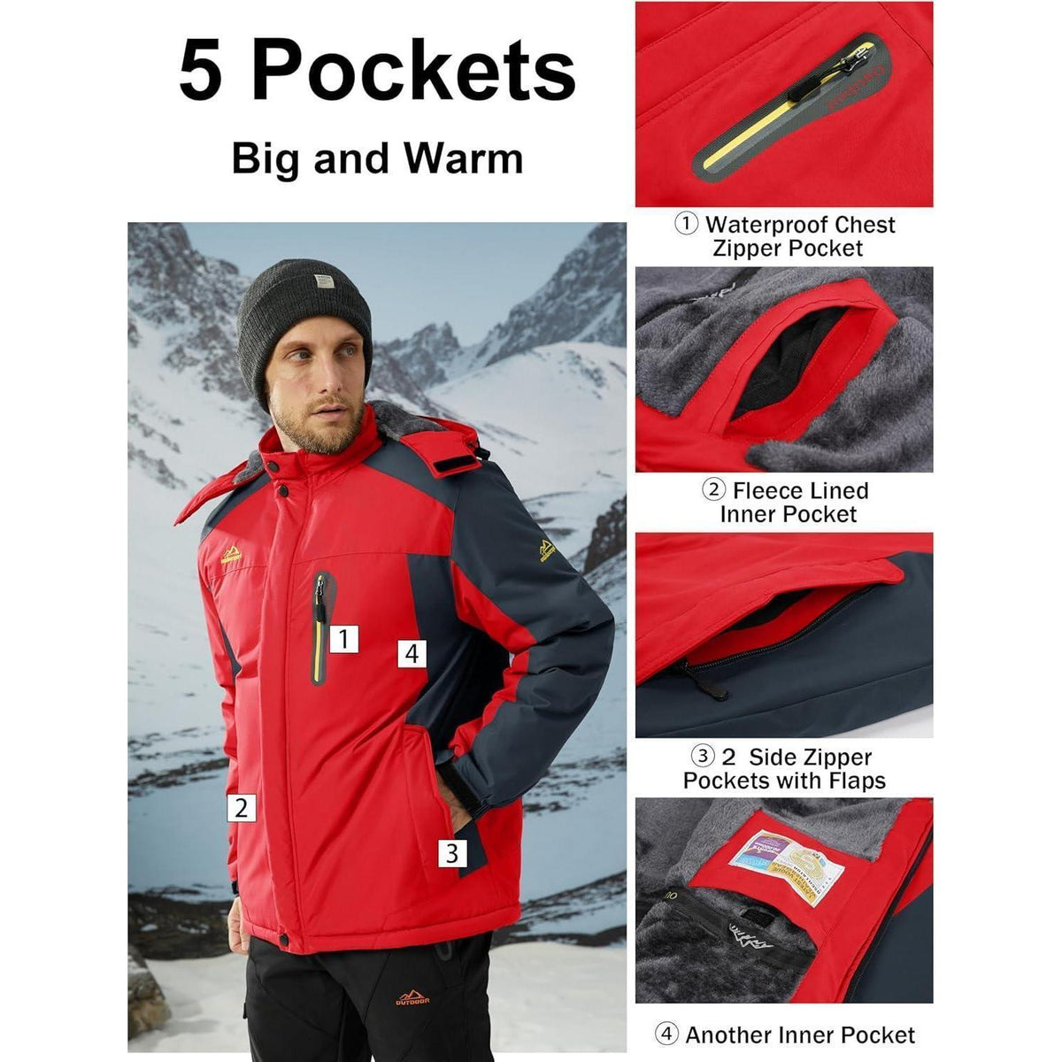 Herren Fleece Skijacke Winter Warm Gefüttert Winddicht Rot