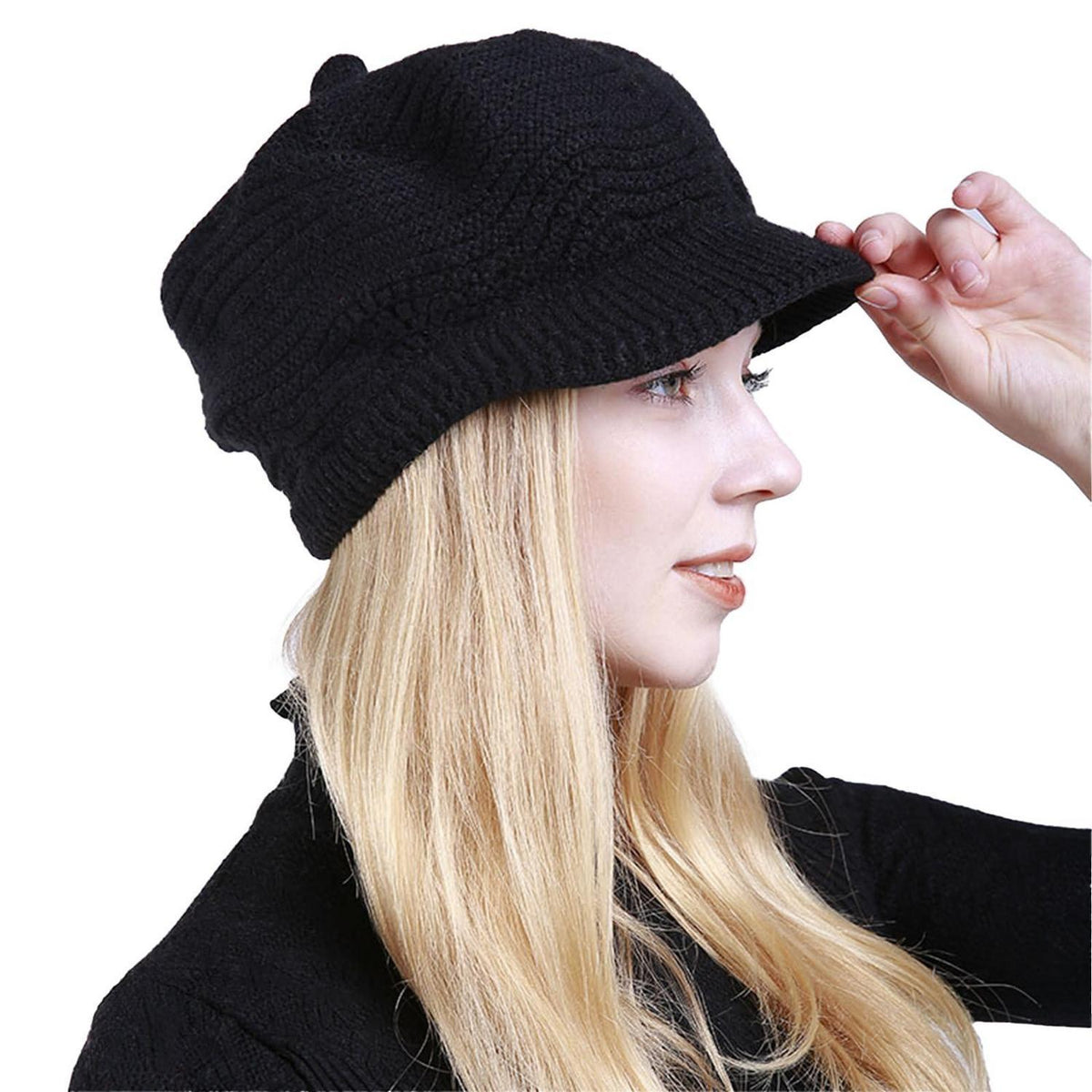 Strickmütze Damen warm mit Schirm Schwarz