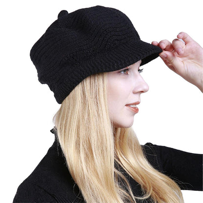 Strickmütze Damen warm mit Schirm Schwarz