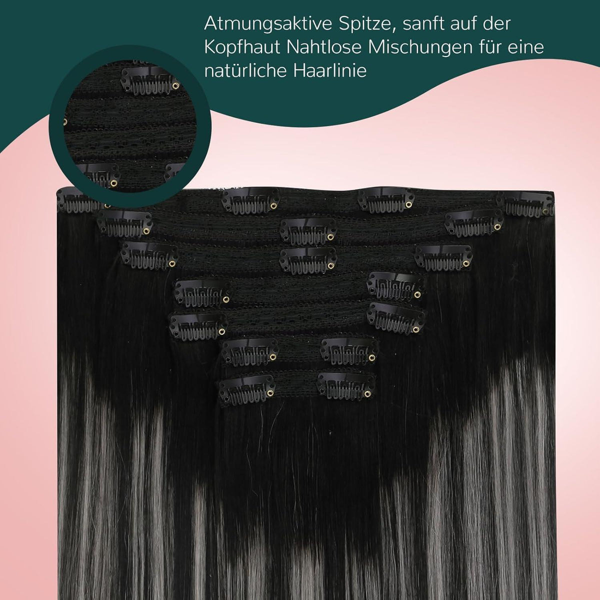 Clip-in Echthaar Extensions Schwarz-Silber Mix 45cm