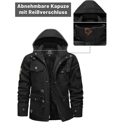 Herren Winterjacke Gefüttert Fleece Militärjacke Schwarz