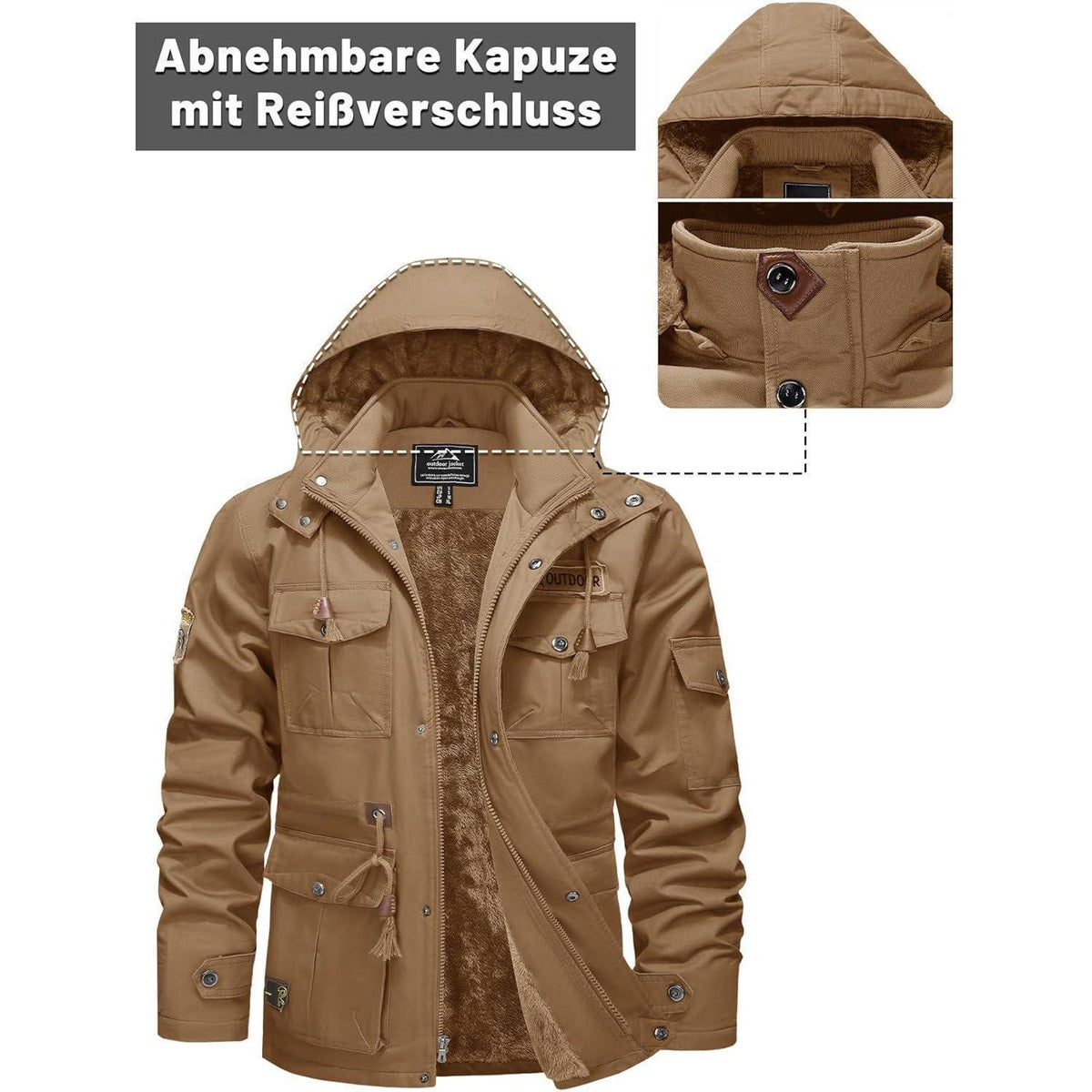 Herren Winterjacke Warm Gefüttert Militärstil Khaki M