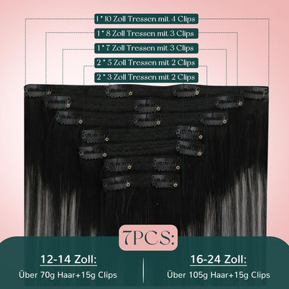 Clip-in Echthaarverlängerung Schwarz-Silber Mix 50cm
