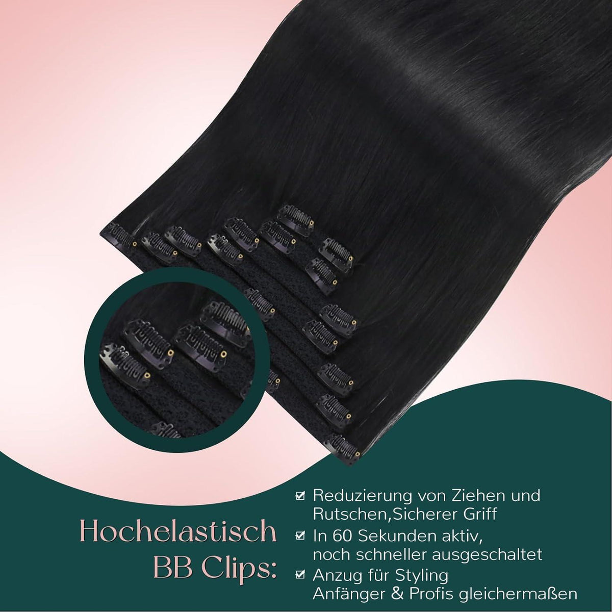 Echthaar Clip-Ins Schwarz 55cm – Einfache Haarverlängerung