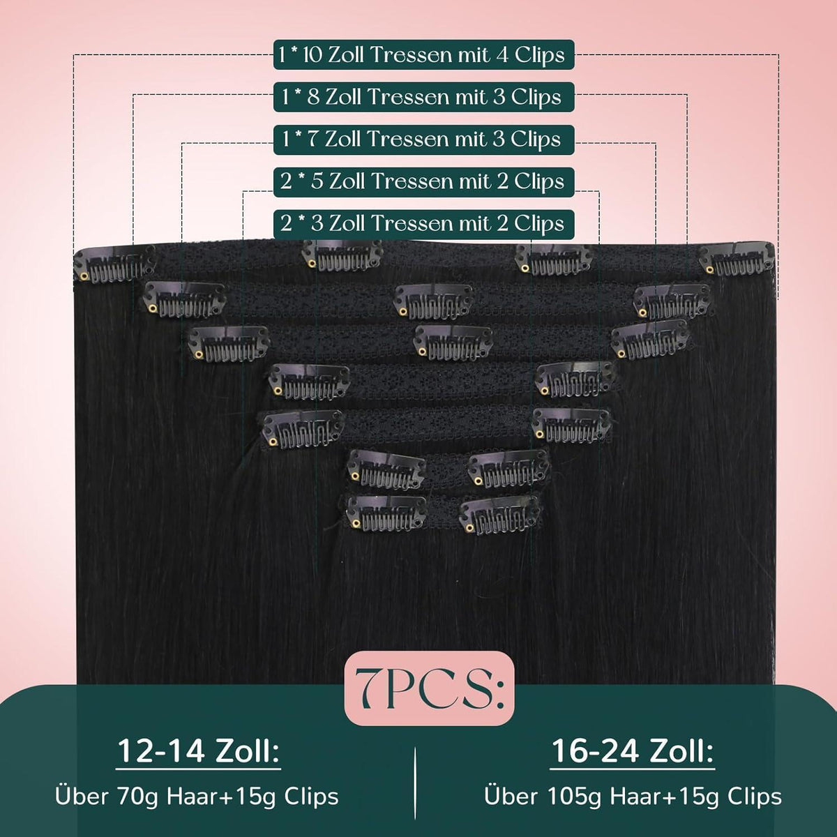 Echthaar Clip-Ins Schwarz 55cm – Einfache Haarverlängerung