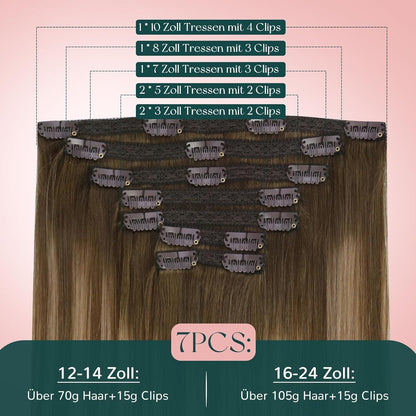 Clip-in Echthaarverlängerung Balayage Mittelbraun mit Blond