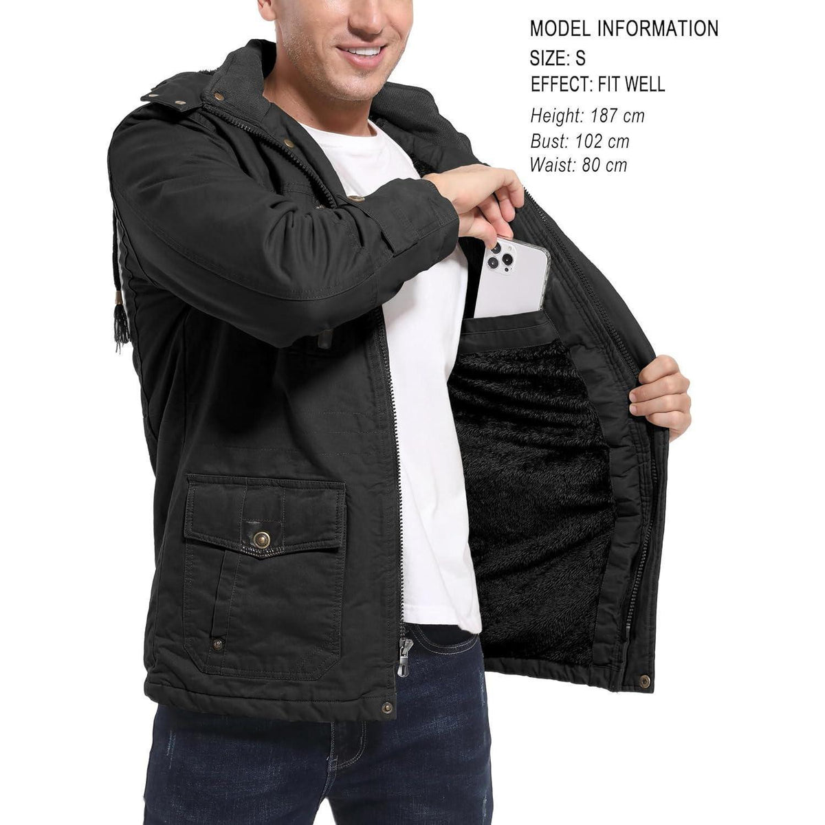 Herren Winterjacke gefüttert Fleece Parka mit Kapuze Schwarz
