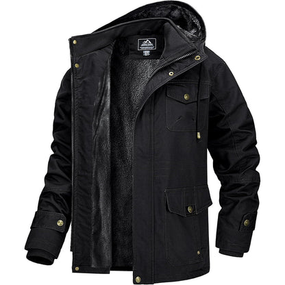 Herren Winterjacke gefüttert Fleece Parka mit Kapuze Schwarz XL