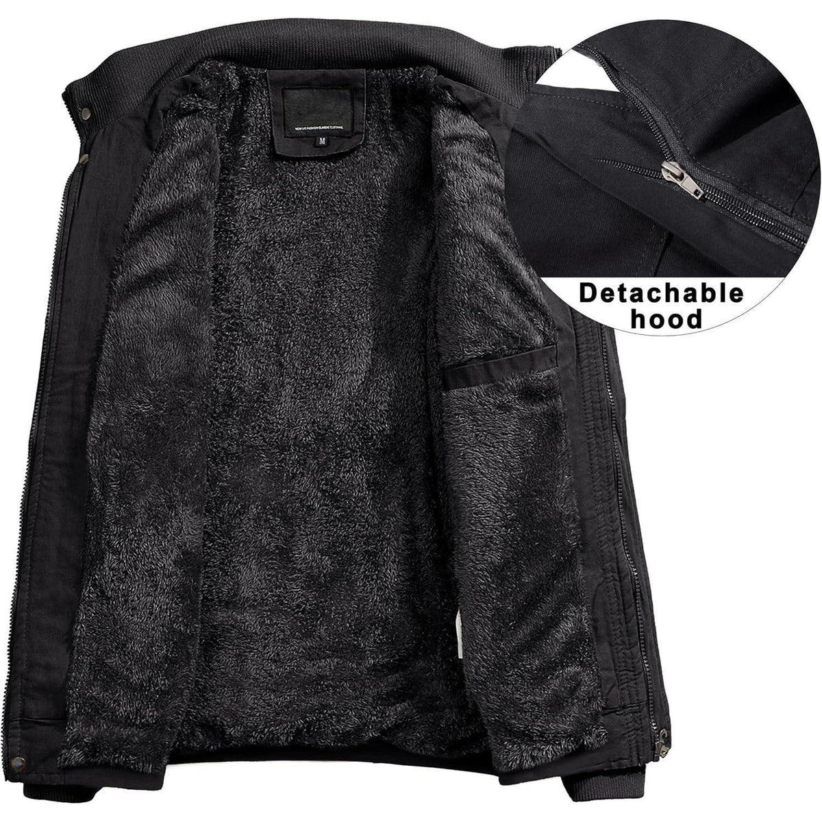 Herren Winterjacke gefüttert Fleece Parka mit Kapuze Schwarz XL