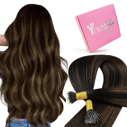 Echthaar Extensions Braun Nanoring 55cm – Dunkelbraun Ombre