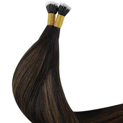 Echthaar Extensions Braun Nanoring 55cm – Dunkelbraun Ombre