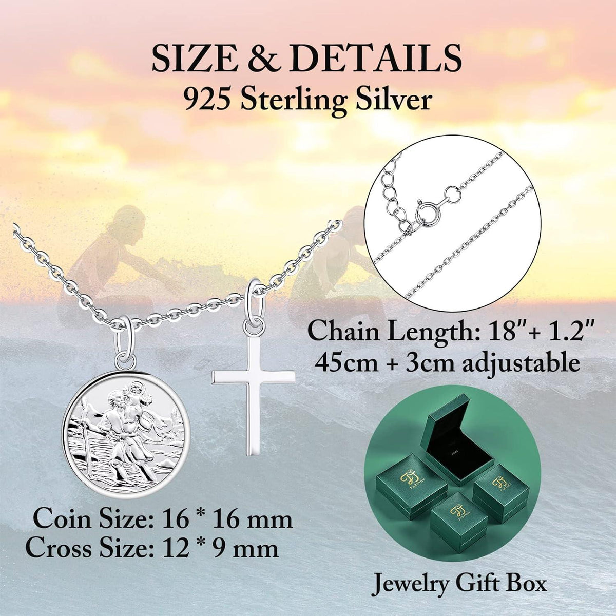 FJ Heiliger Christophorus Kristall Silber Kette/Armband Religiöser Schmuck 925 Sterling Silber Medaillon 06