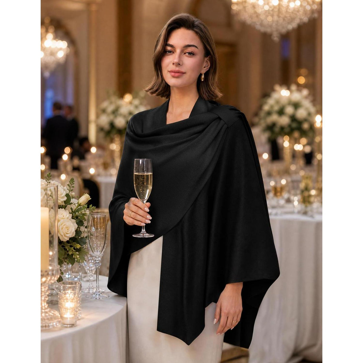 Damen Poncho Strick Cape Weich für Herbst Winter Einheitsgröße Schwarz