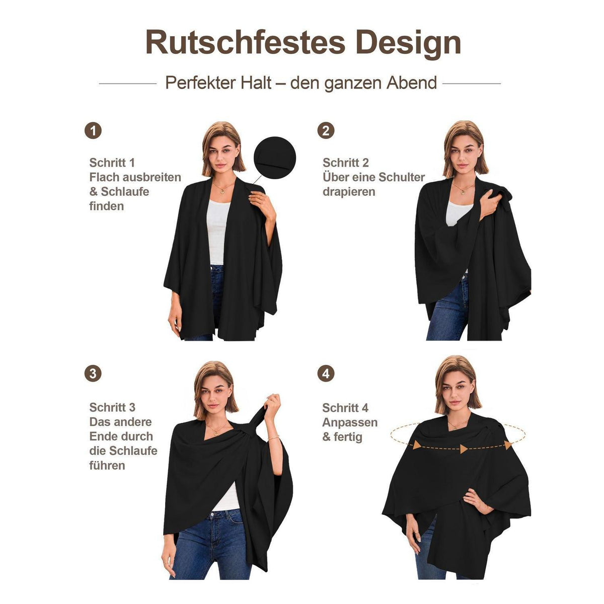 Damen Poncho Strick Cape Weich für Herbst Winter Einheitsgröße Schwarz