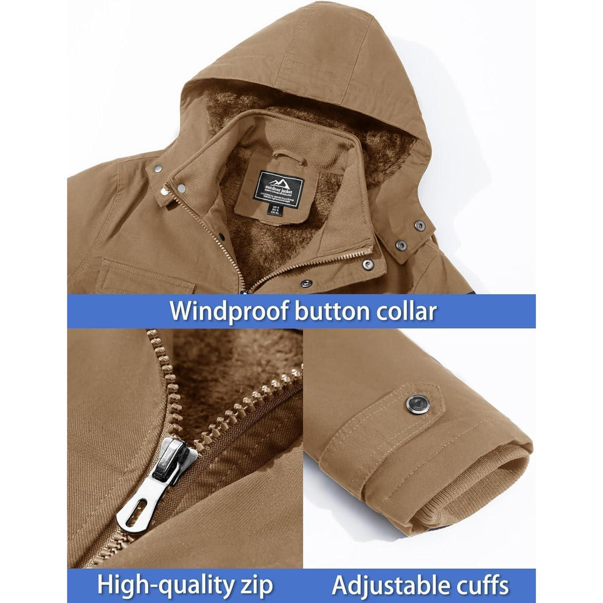 Herren Winterjacke Warm Gefüttert Militärstil Khaki XL