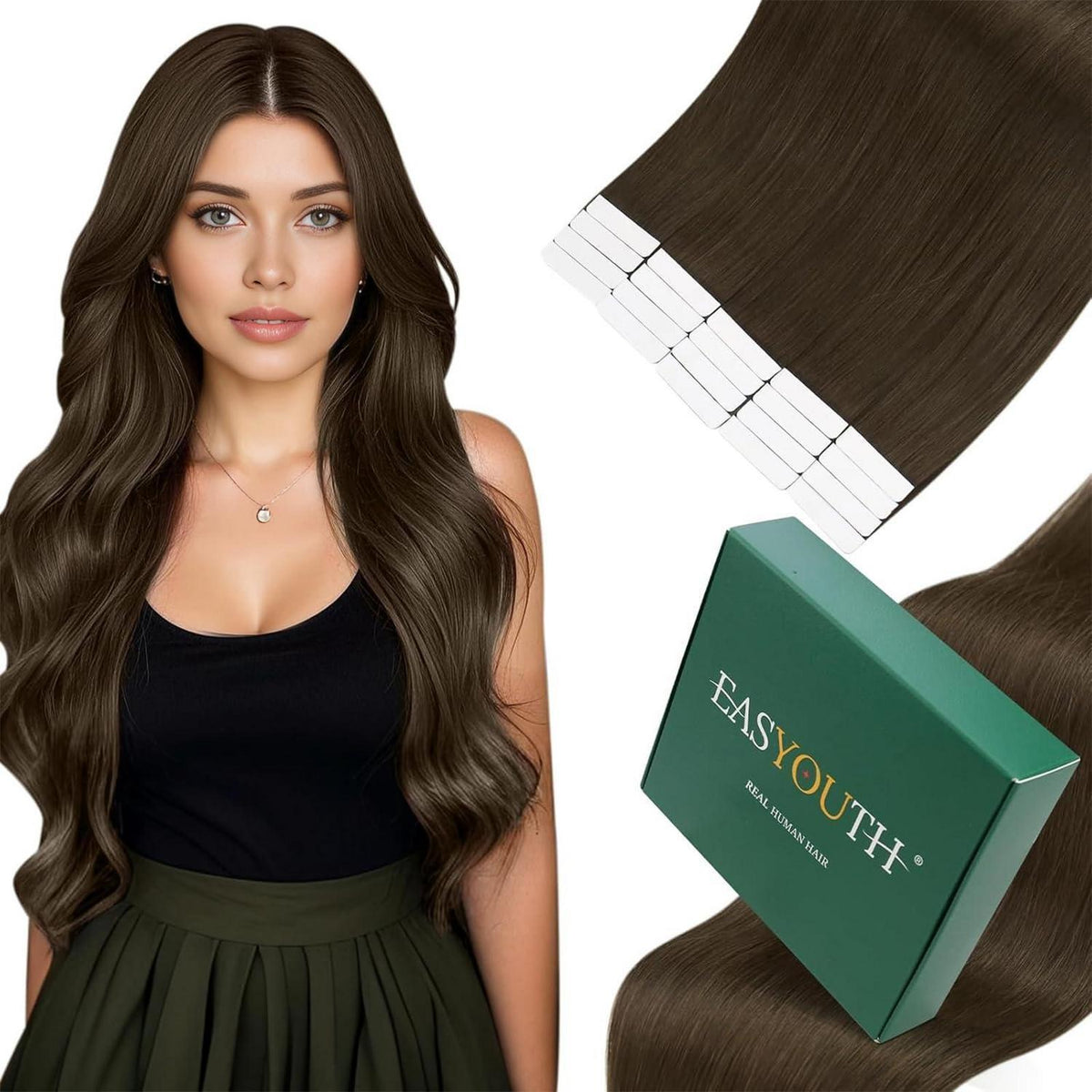 Echthaar Tape Extensions Braun Remy – 55cm, 50g