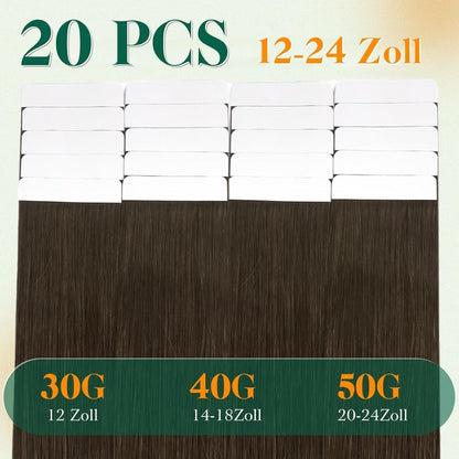 Echthaar Tape Extensions Braun Remy – 55cm, 50g