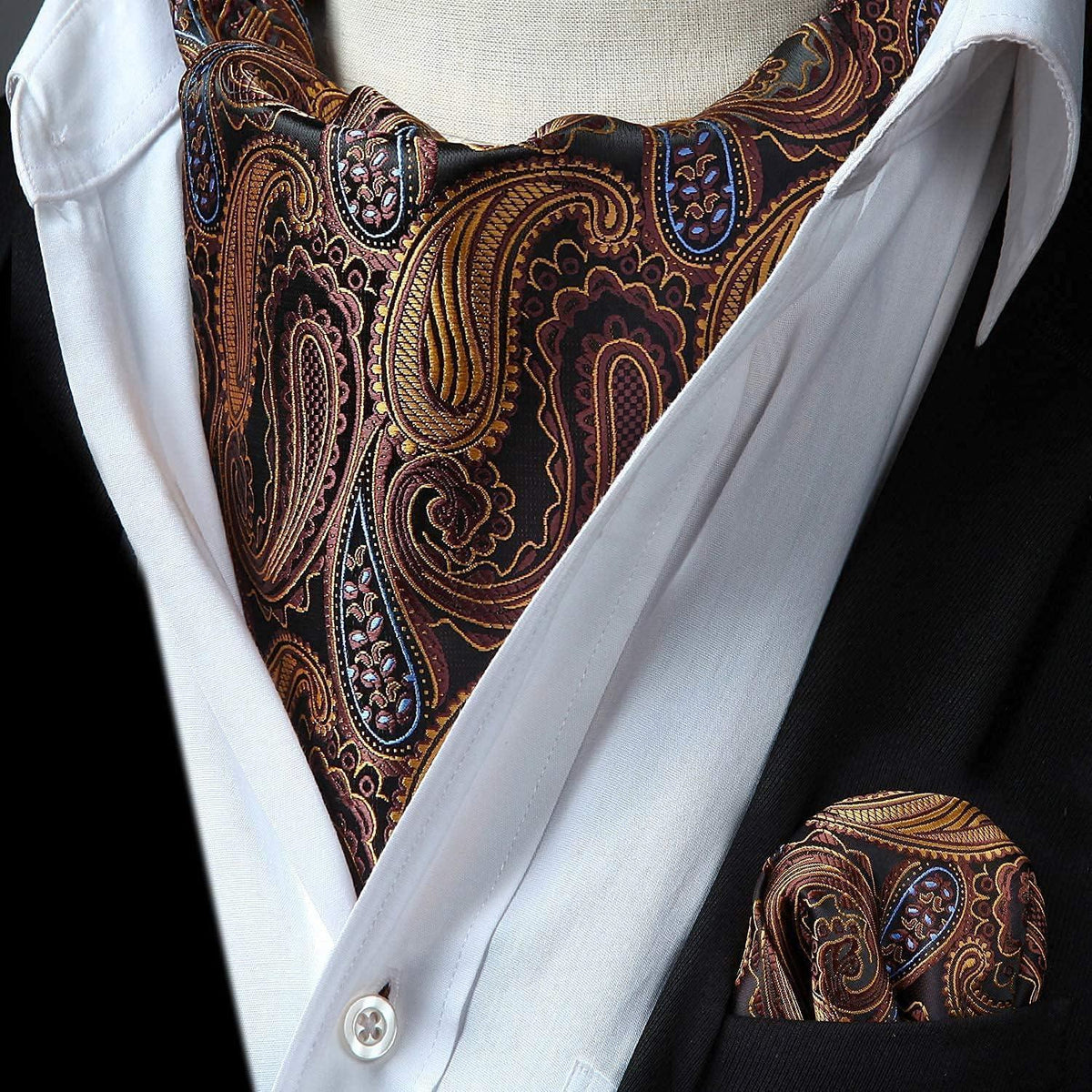 Herren Ascot Krawattenschal & Einstecktuch Set Braun Paisley
