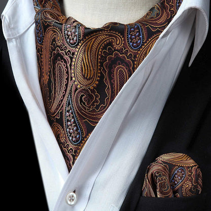 Herren Ascot Krawattenschal & Einstecktuch Set Braun Paisley