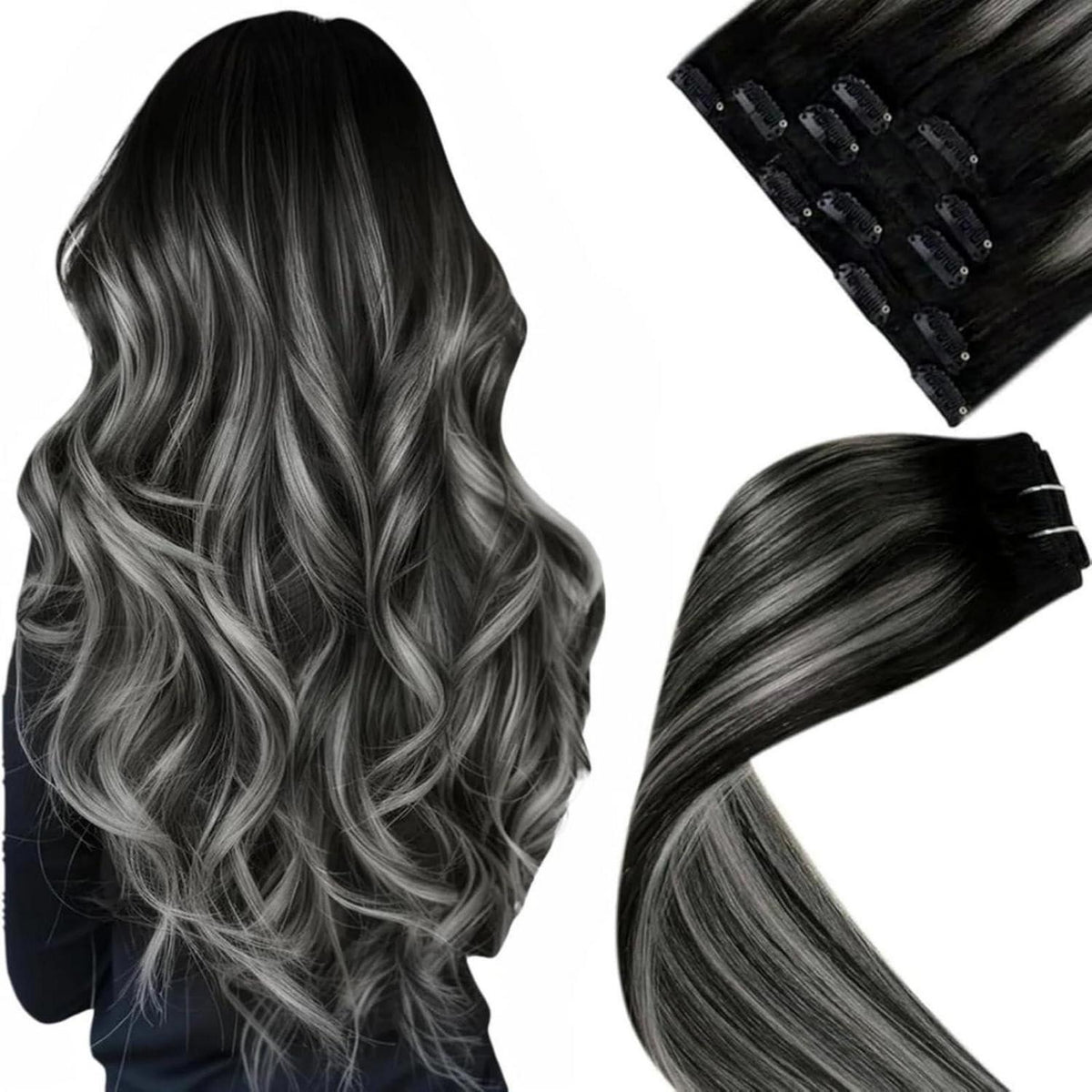 Clip-in Haarverlängerung Schwarz Ombre Silber Echthaar 40cm