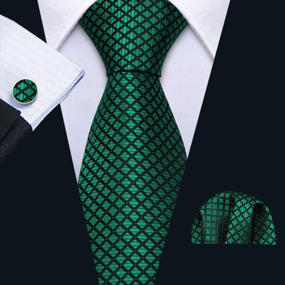 Herren Krawatten Set Seide Paisley mit Einstecktuch & Manschettenknöpfen Grün